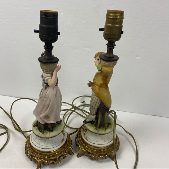 Antique Leviton Lamps Porcelain Figural Boudoir Figurine Man Woman Pair Brass - Picture 7 of 13
